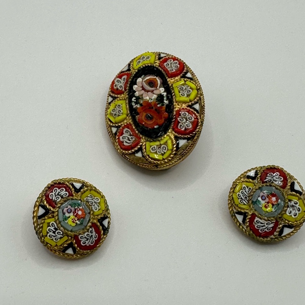 Colorful Vintage Micro Mosaic Brooch and Earring Set.  Made in Italy